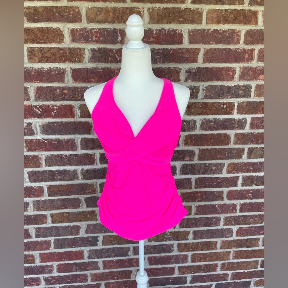 Ladies Hot Pink Unbranded Plunge Neck Criss Cross Back Tankini Top Size Large-DD